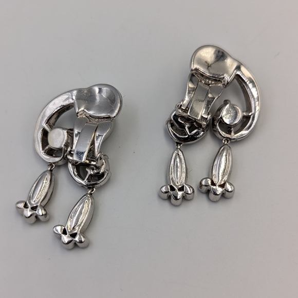 Vintage Unique Joseph Mazer Silver Tone Rhinestones Dangles Clip on Earrings - Picture 10 of 14